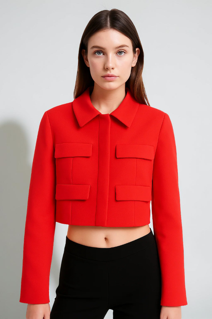 Bold Red Y2K Jacket – Cropped Boxy Fit with Collar Detail