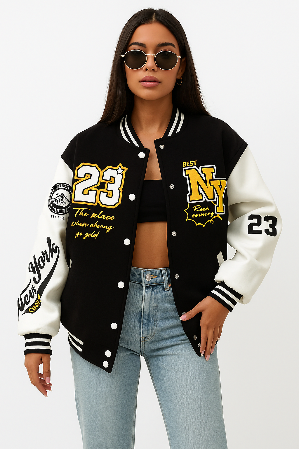 NY Varsity Bomber Jacket – Oversized Streetwear with Patches & Retro Lettering