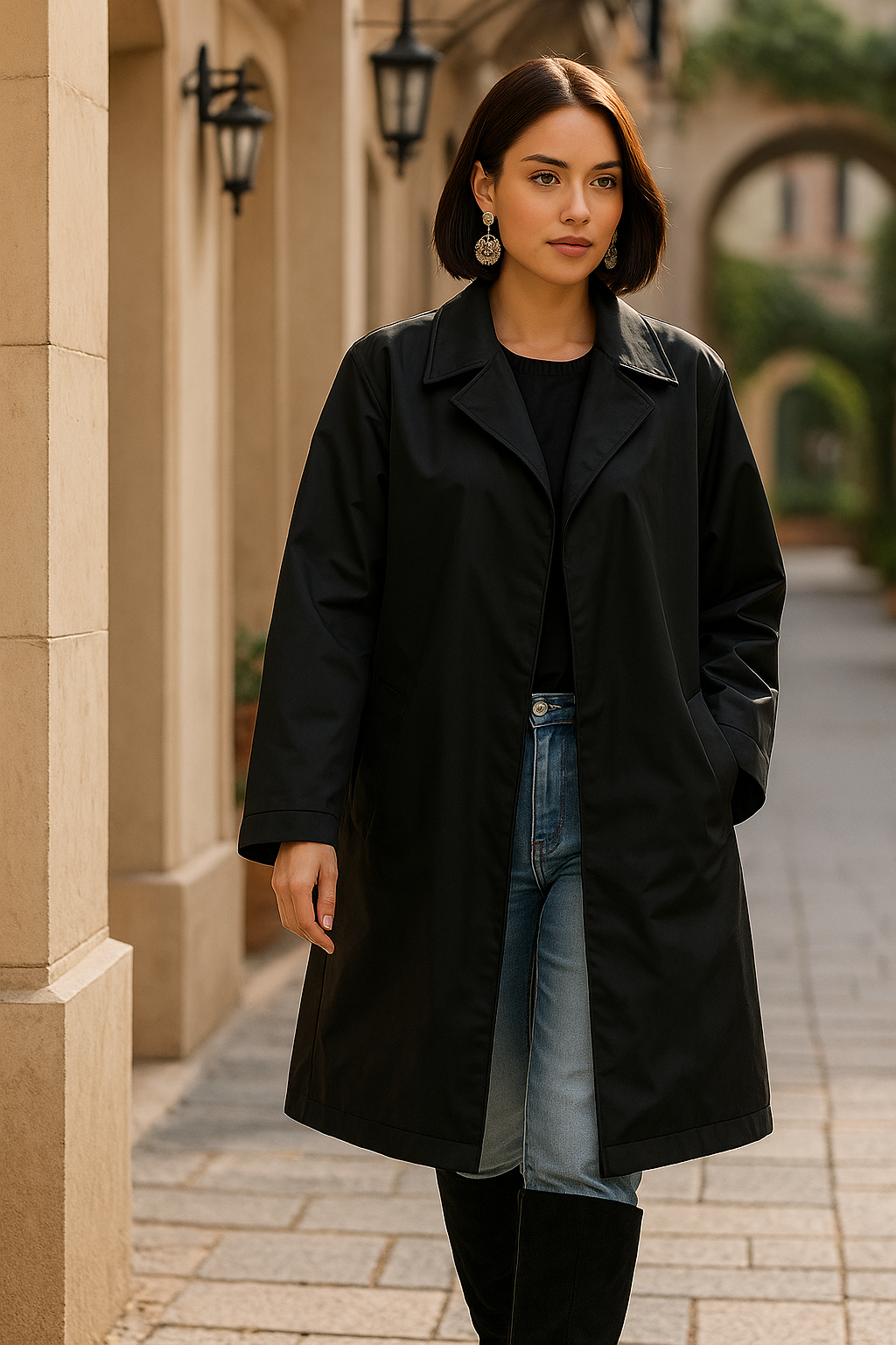 Minimalistická černá větrovka – dlouhá nepromokavá pouliční styl