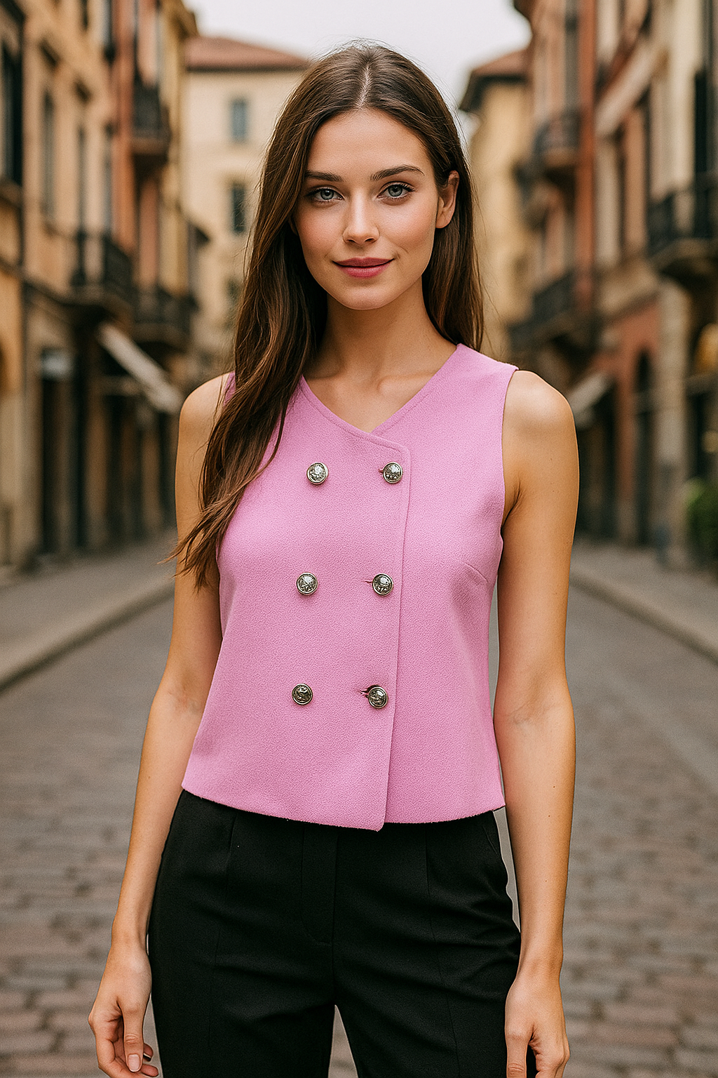 Women’s Cropped Pink Vest – Double-Breasted Sleeveless Top
