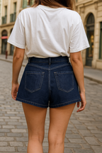 Minifalda vaquera azul marino con cremallera para mujer: pantalones cortos vintage chic de cintura alta