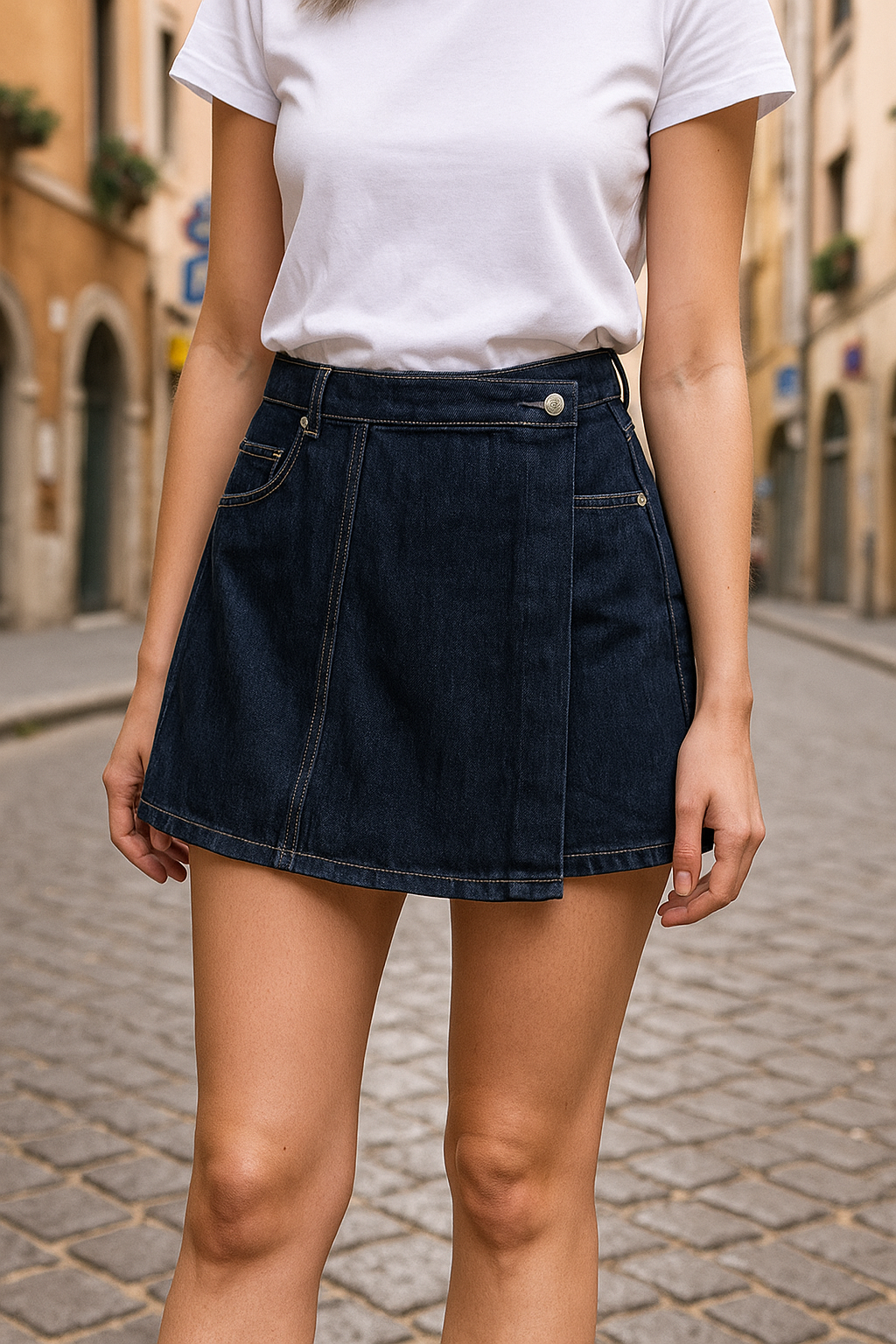 Women’s Navy Denim Zipper Mini Skort – High Waist Vintage Chic Shorts