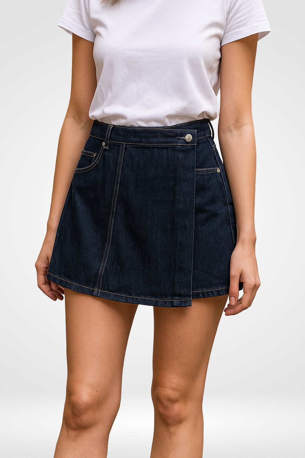 Women’s Navy Denim Zipper Mini Skort – High Waist Vintage Chic Shorts