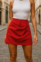 High-Waisted Ruched Mini Skirt – Asymmetrical Draped Design