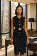 Elegant Black Office Midi Dress – Sleeveless Spring Belted Vintage Look