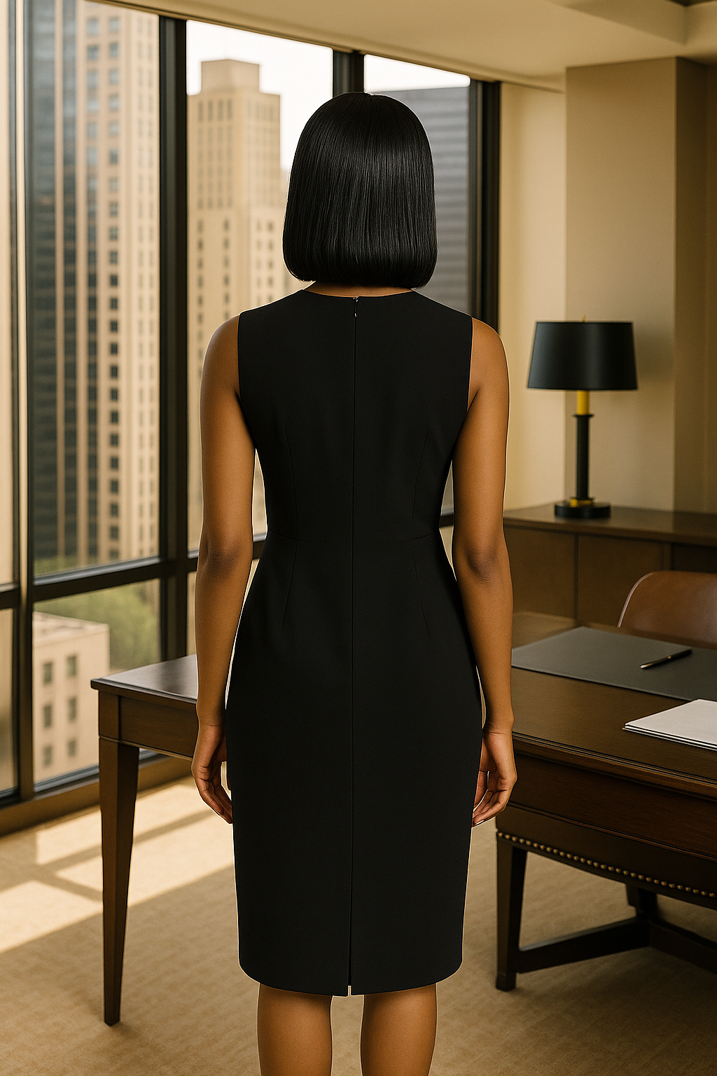 Elegant Black Office Midi Dress – Sleeveless Spring Belted Vintage Look