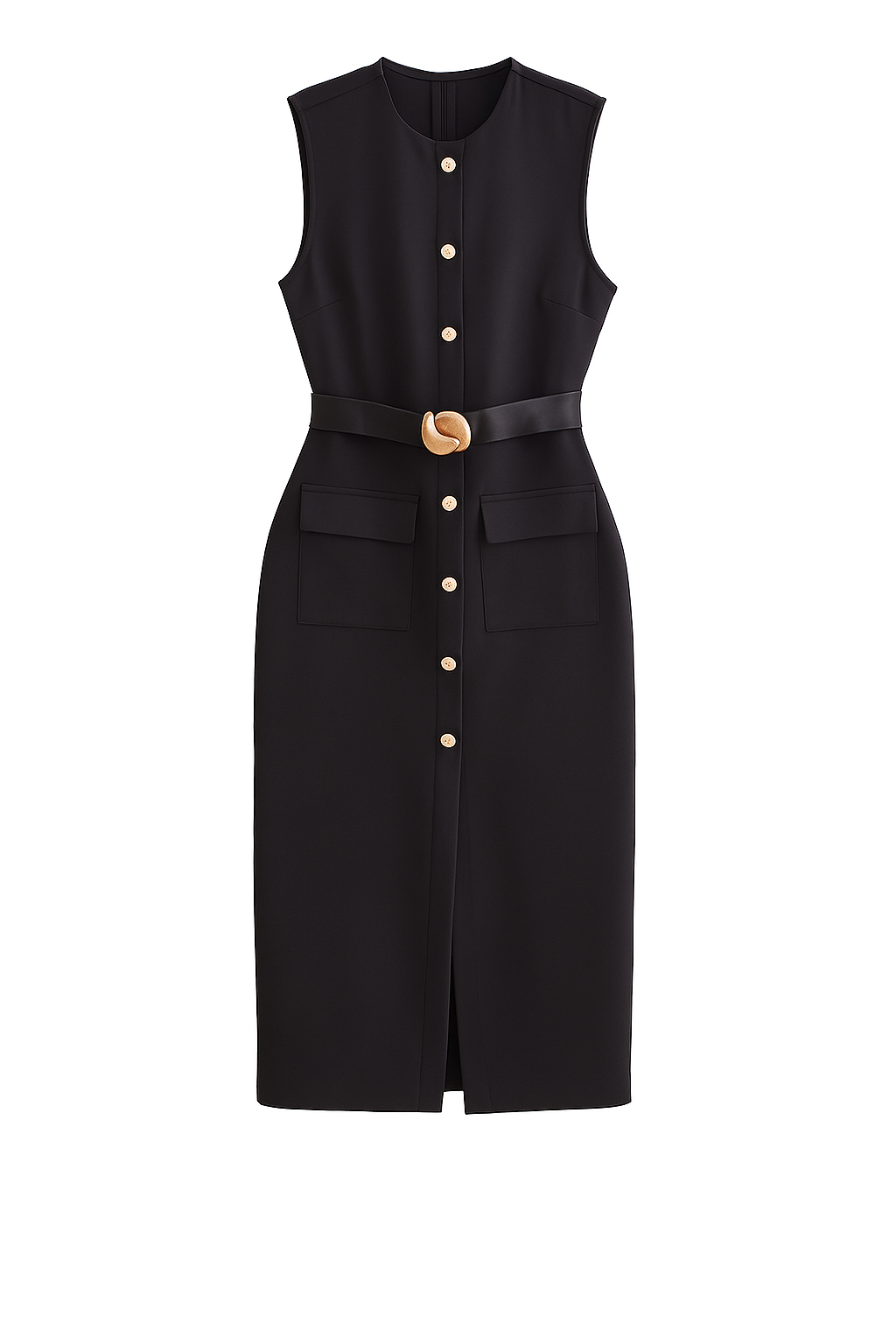 Elegant Black Office Midi Dress – Sleeveless Spring Belted Vintage Look