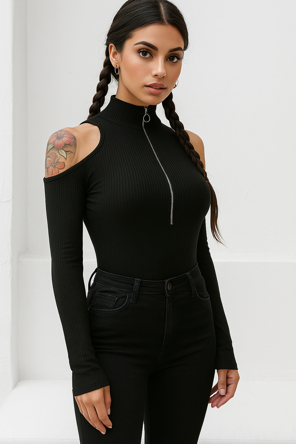Asymmetric Cut-Out Bodysuit – Ribbed Fit with Front Zipper
