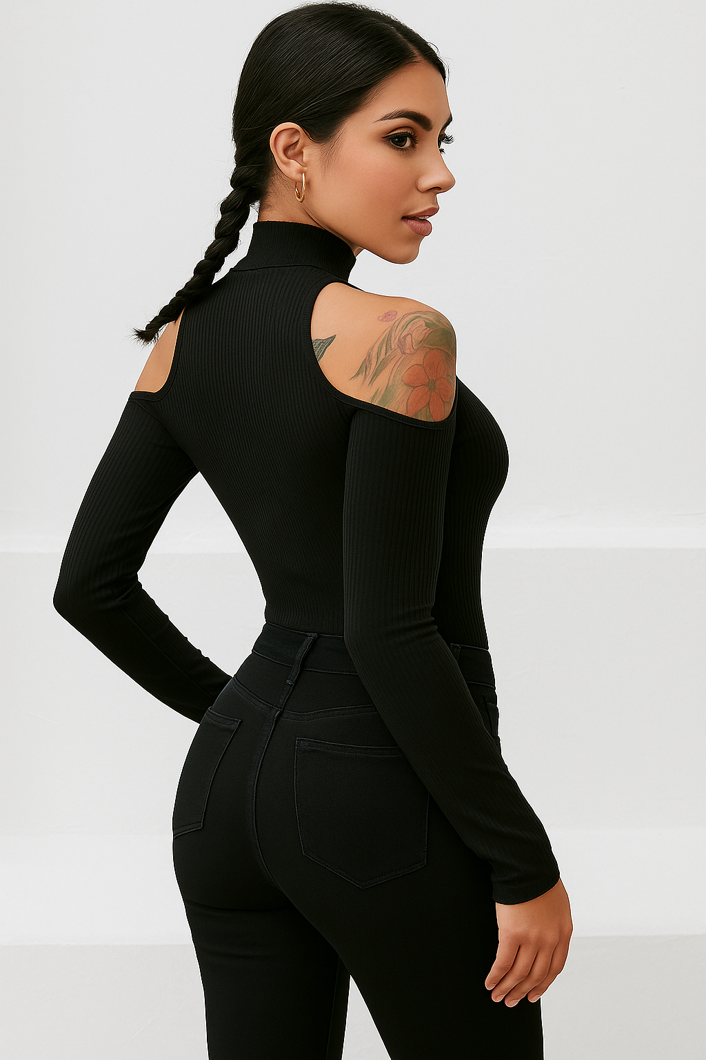 Asymmetric Cut-Out Bodysuit – Ribbed Fit with Front Zipper