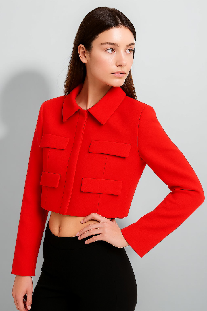 Bold Red Y2K Jacket – Cropped Boxy Fit with Collar Detail
