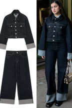 Vintage Denim Jacket and Pants Set – Women’s High-Waisted Wide Leg Jeans & Long Sleeve Coat for Streetwear Style