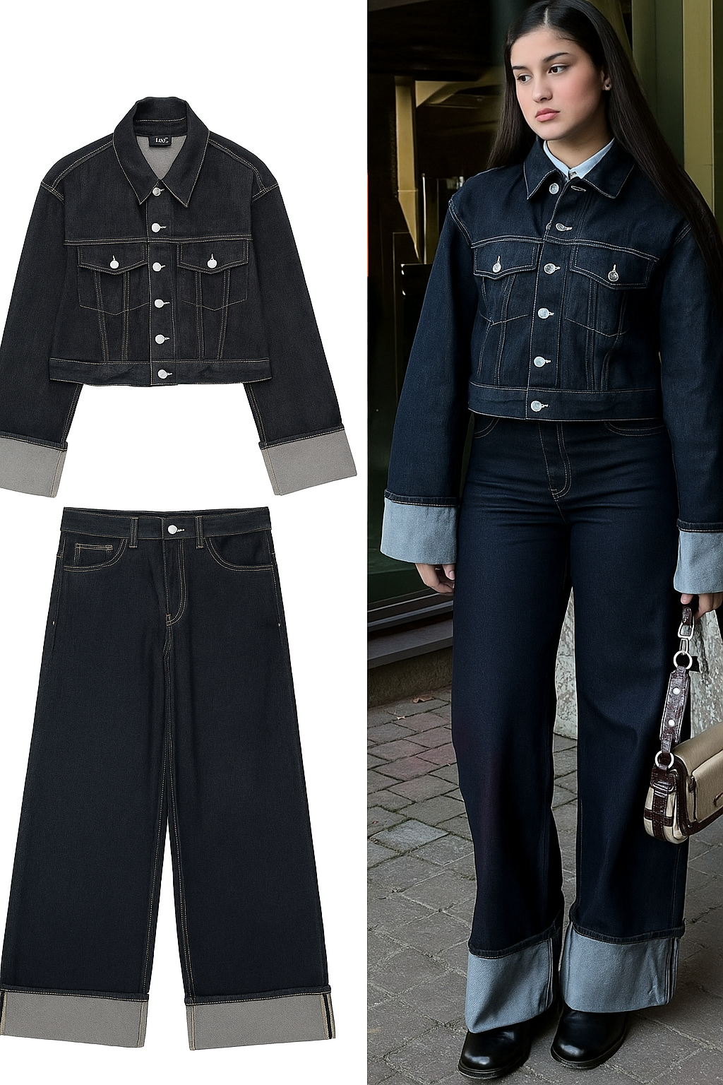 Vintage Denim Jacket and Pants Set – Women’s High-Waisted Wide Leg Jeans & Long Sleeve Coat for Streetwear Style