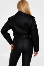 Women's Vintage Vegan Leather Biker Jacket – Oversized Belted Moto Style