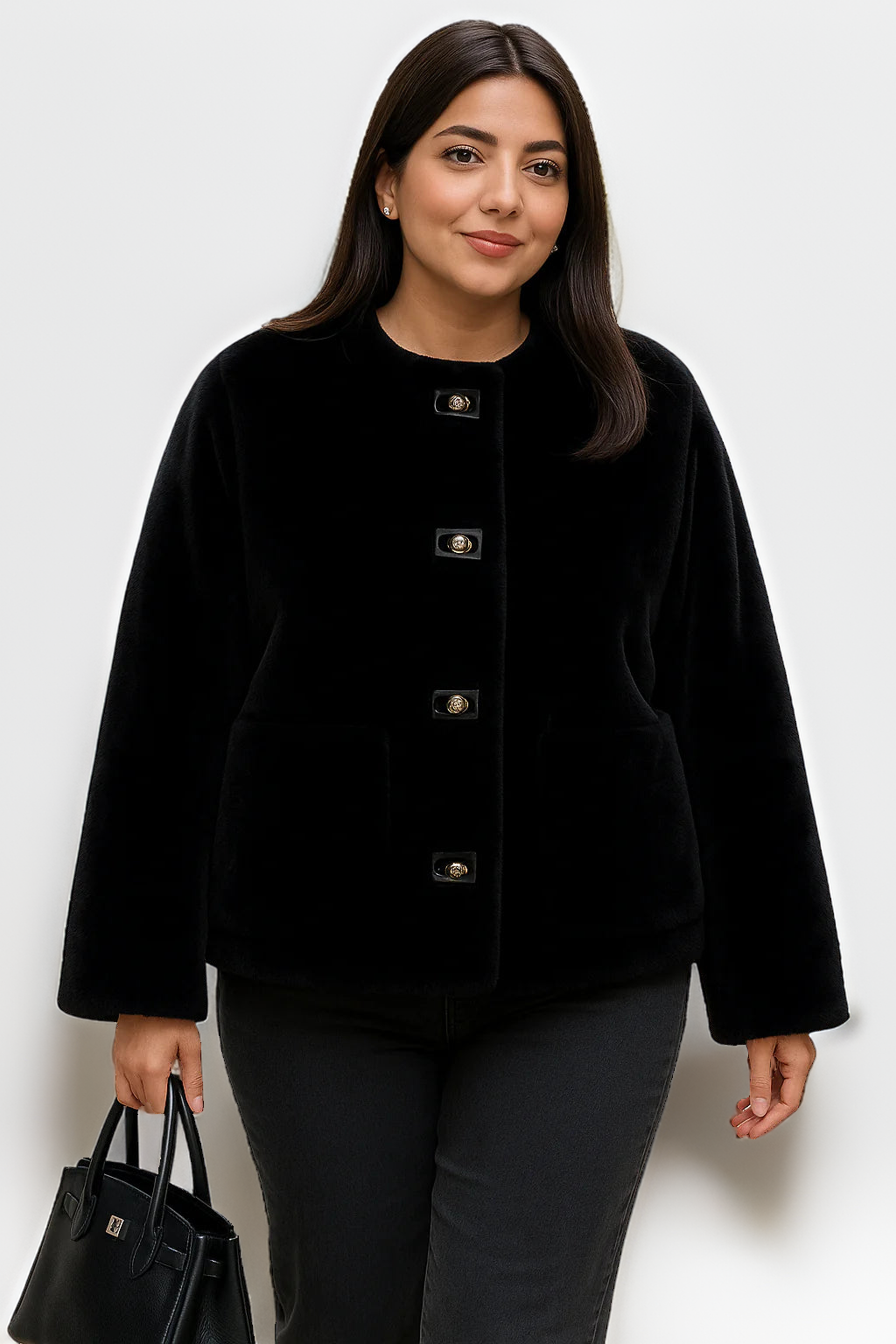 Manteau court en velours noir – Veste boutonnée automne et hiver