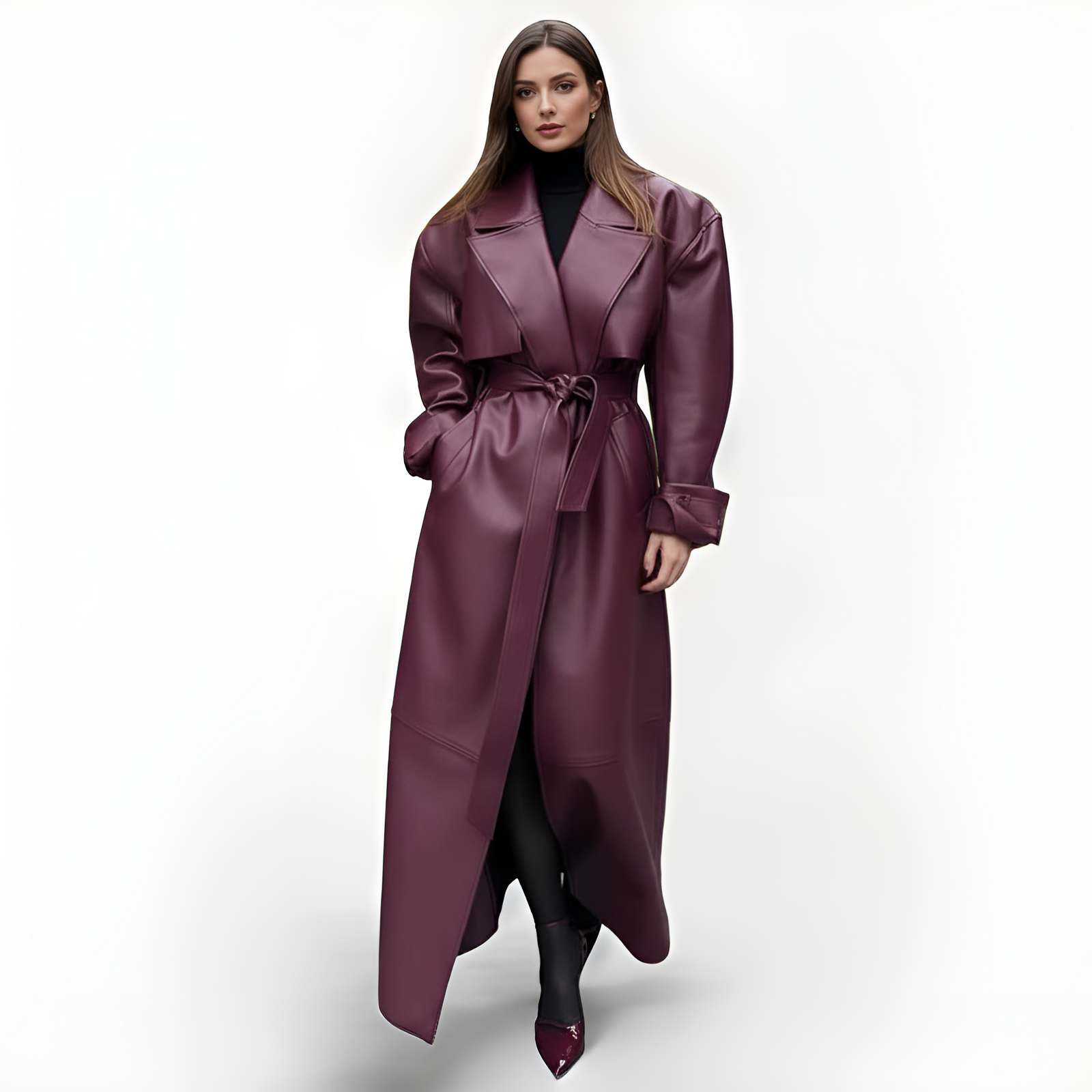 Plum Gloss Belted Trench Coat – Luxe PU Leather Longline Statement Outerwear