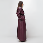 Plum Gloss Belted Trench Coat – Luxe PU Leather Longline Statement Outerwear