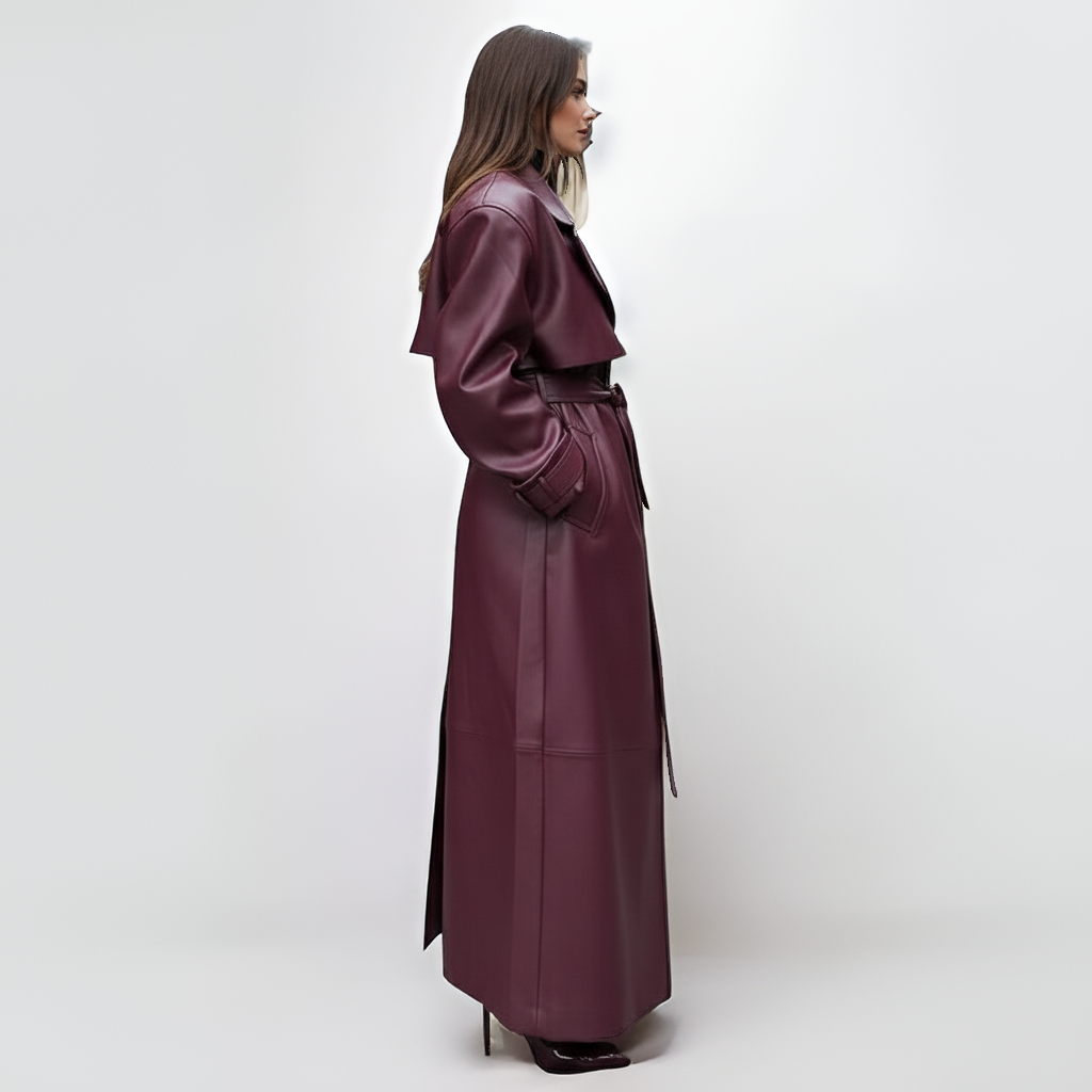Plum Gloss Belted Trench Coat – Luxe PU Leather Longline Statement Outerwear