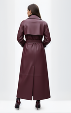 Plum Gloss Belted Trench Coat – Luxe PU Leather Longline Statement Outerwear