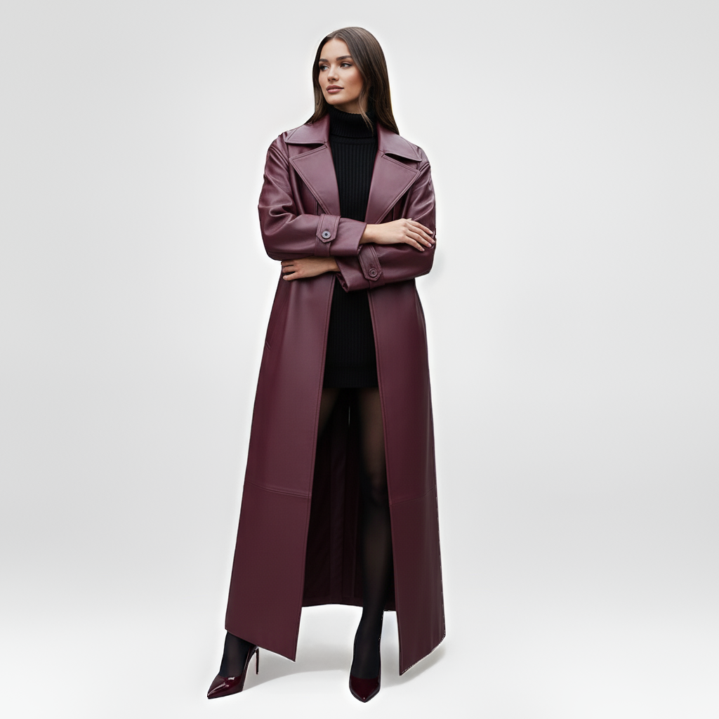 Plum Gloss Belted Trench Coat – Luxe PU Leather Longline Statement Outerwear