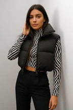 Women's Cropped Puffer Vest – Black Stand Collar Winter Layer