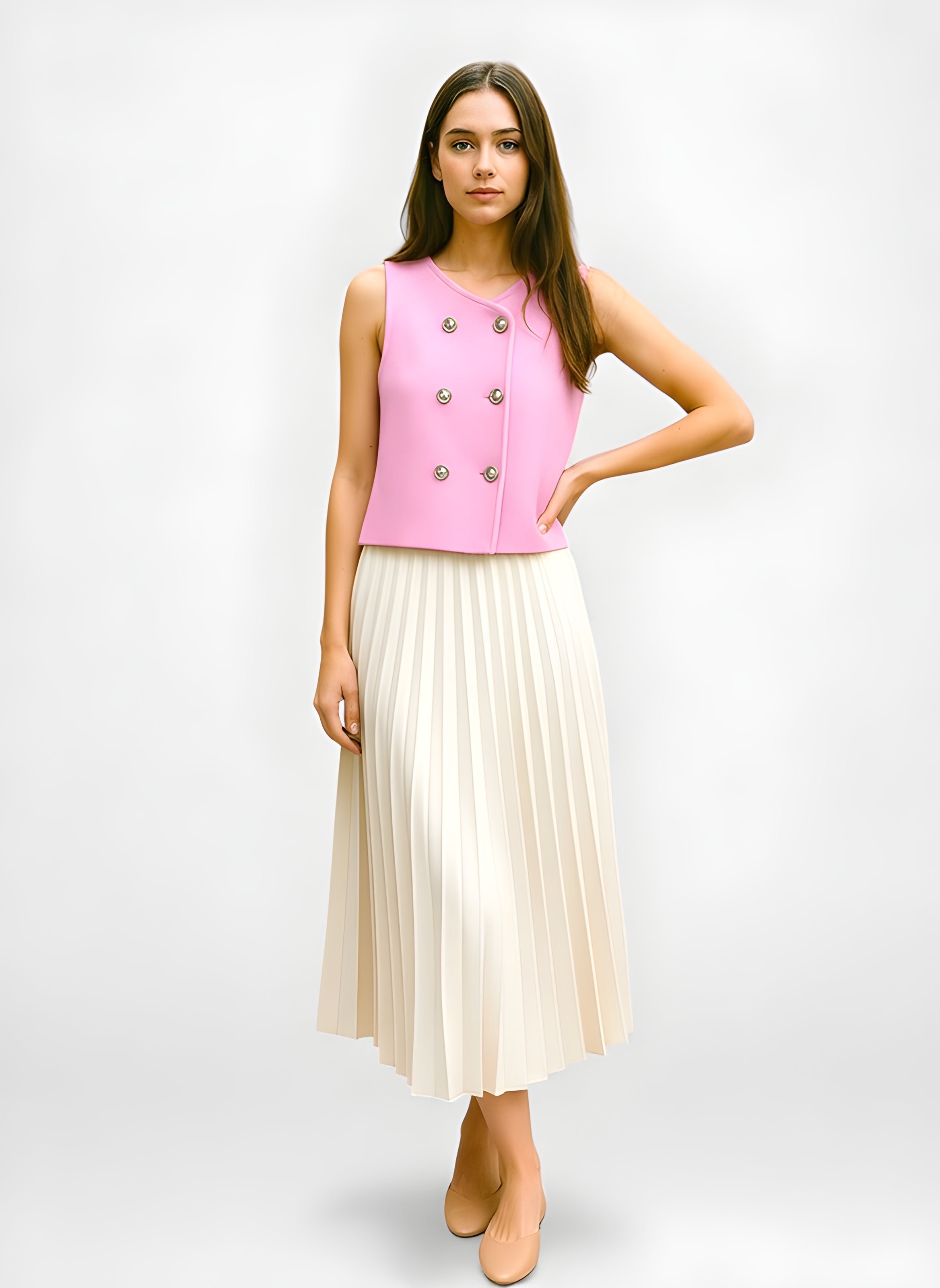 Women’s Cropped Pink Vest – Double-Breasted Sleeveless Top