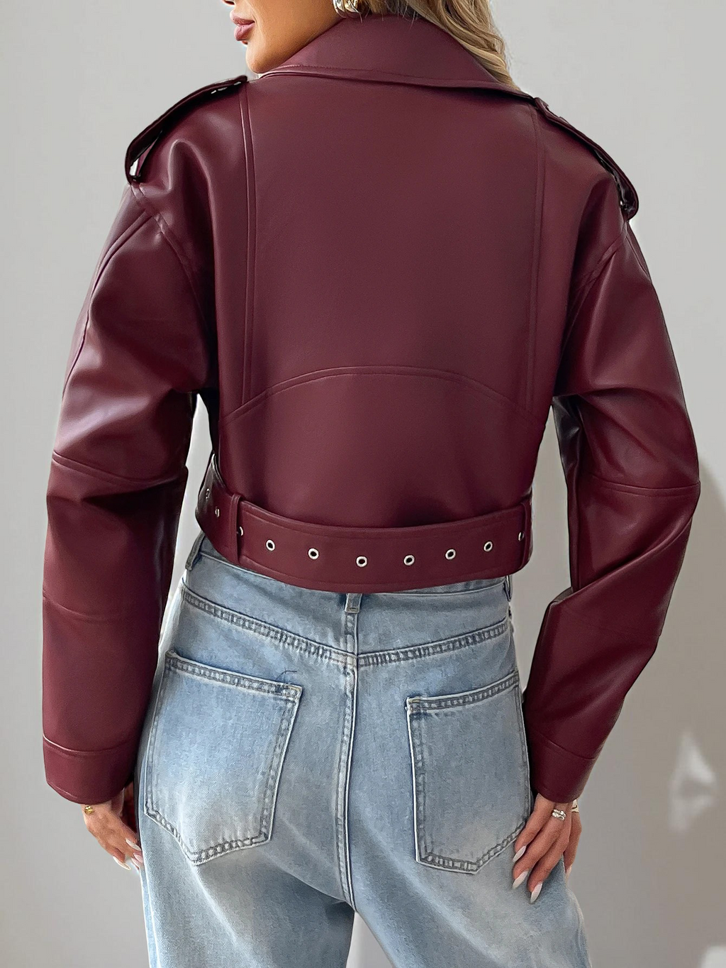 Women's Leather Moto Jacket with Belt – Burgundy Casual Short Coat