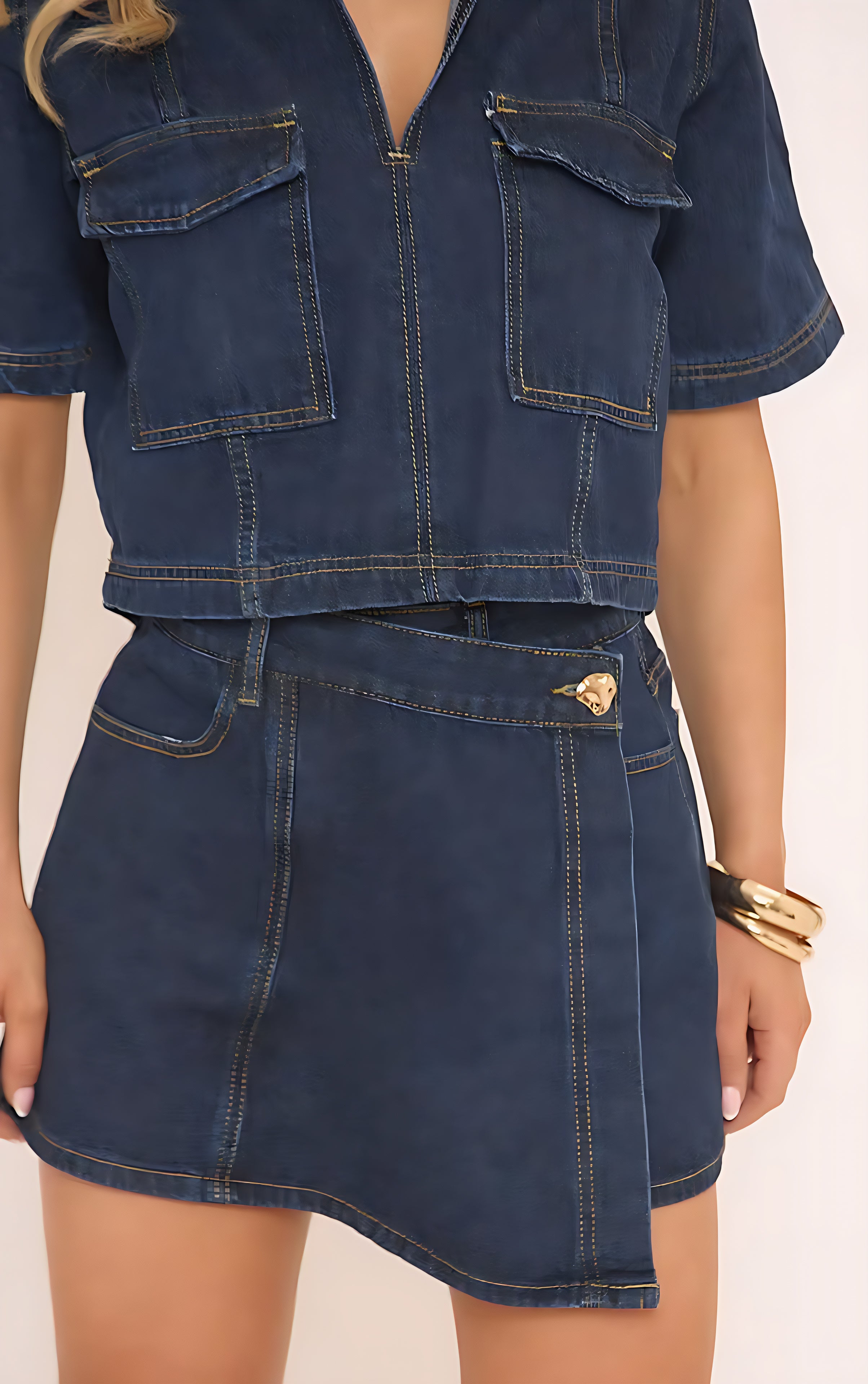 Women’s Spring V-Neck Denim Shirt & Mini Skirt Set – Casual Double-Breasted Two-Piece Outfit