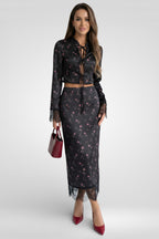 Two-Piece Slim Floral Satin Lace Ensemble