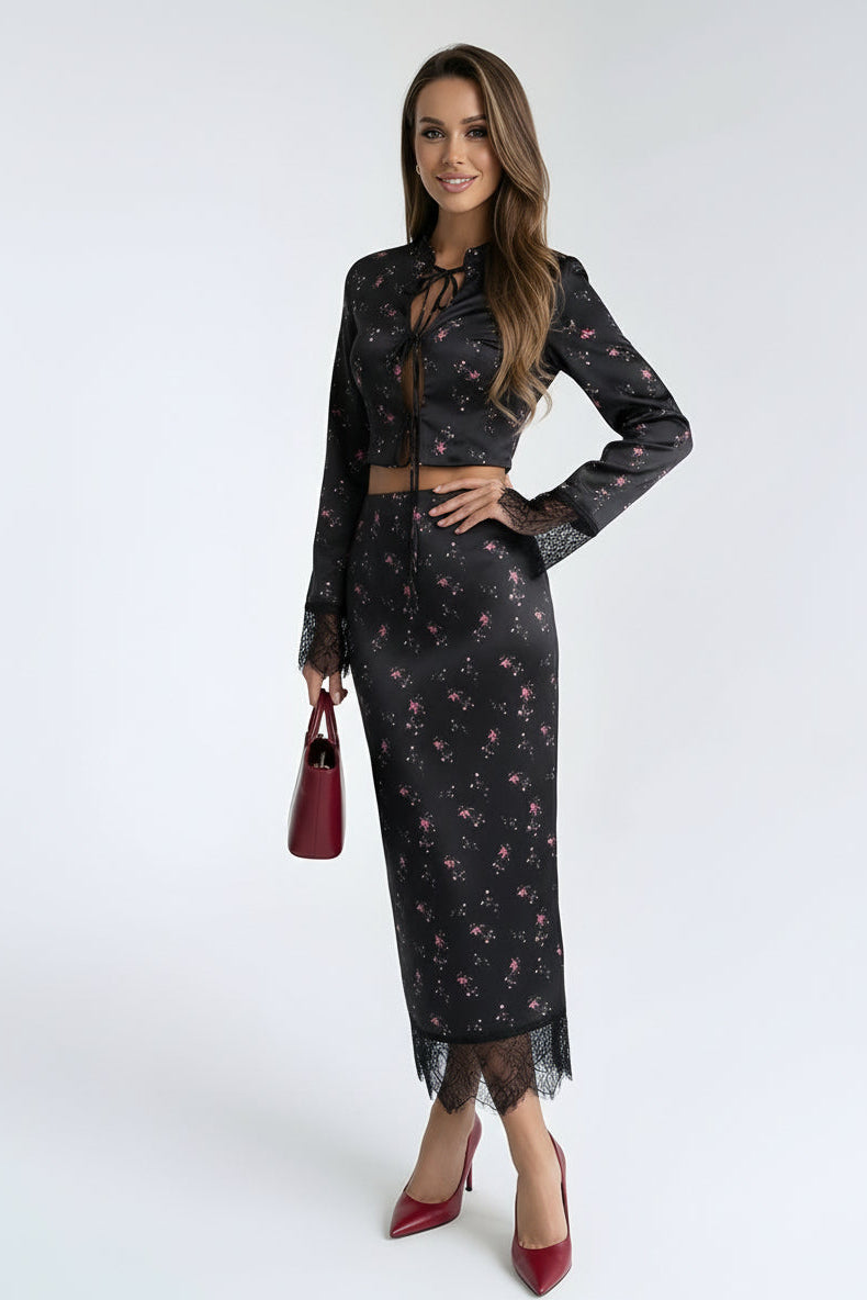 Two-Piece Slim Floral Satin Lace Ensemble