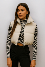 Women's Cropped Puffer Vest – Black Stand Collar Winter Layer