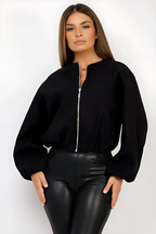 Dámská jarní pilotní bunda – vícebarevný ležérní kabát s výstřihem do O a dlouhým rukávem na zip