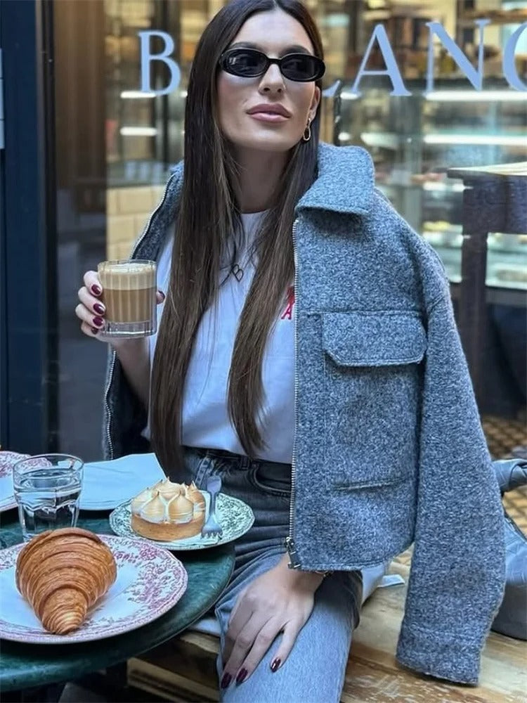 Tvídová zkrácená bunda na zip – městské elegantní a ležérní