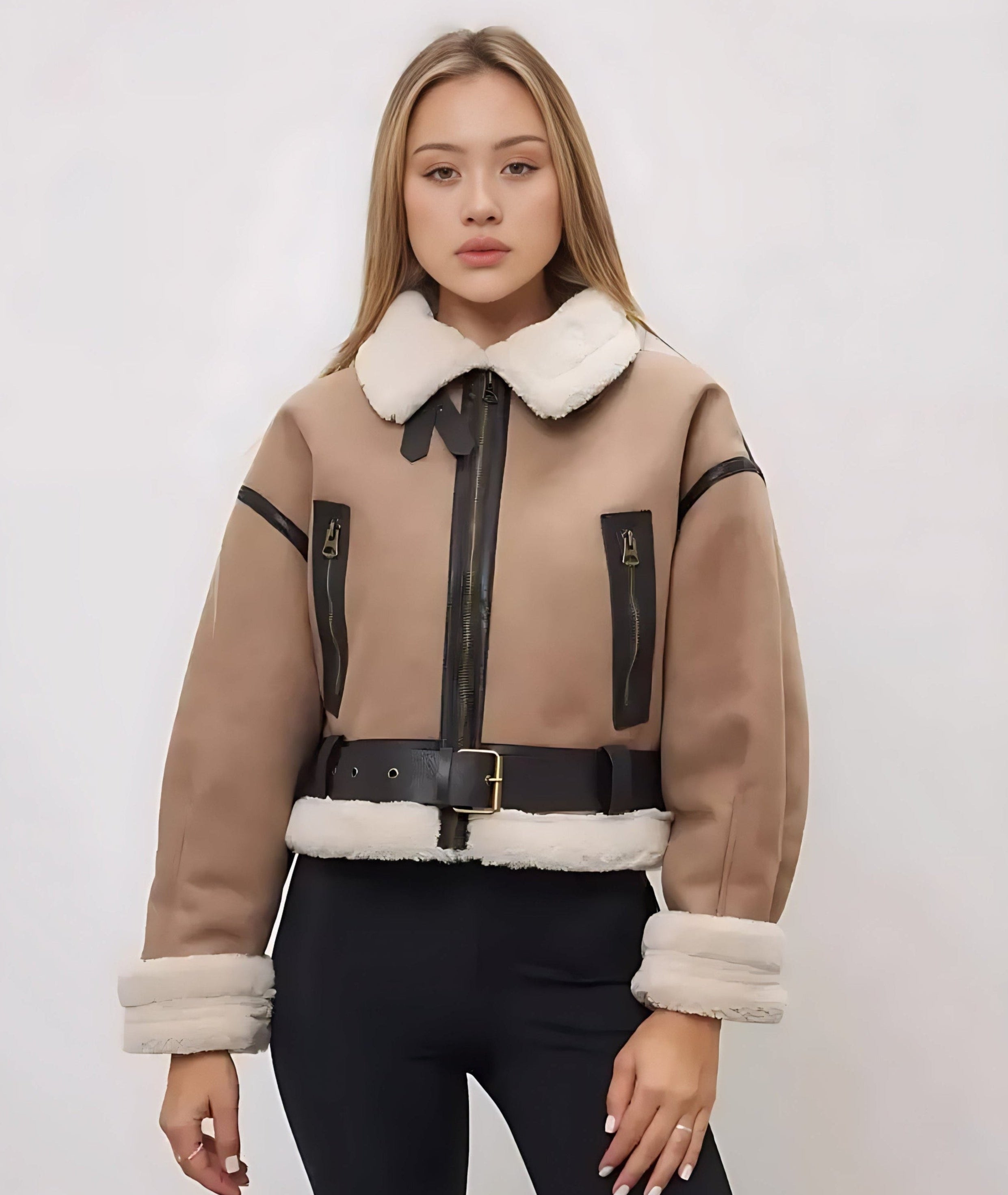 Women’s Sheepskin-Style Thermal Bomber Jacket – Thick Vintage Winter Coat with Sash & Lapel