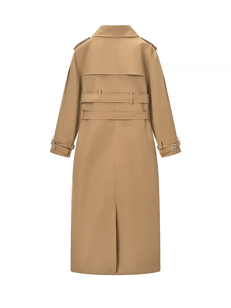 Damen-Trenchcoat mit Gürtel und doppelter Knopfleiste – Lange, schmal geschnittene Herbstjacke