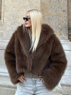 Women's Retro Plush Vegan Fur Lapel Jacket – Soft Cropped Winter Coat
