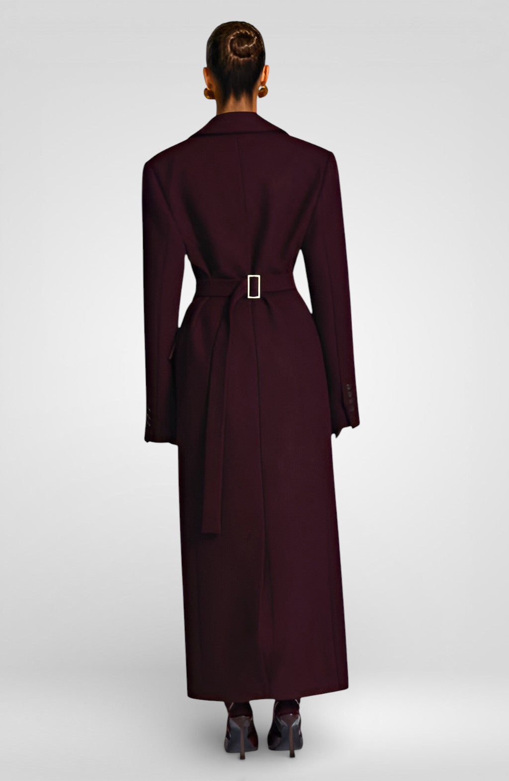 Elegant Wool-Blend Maxi Coat with Belt - Plum