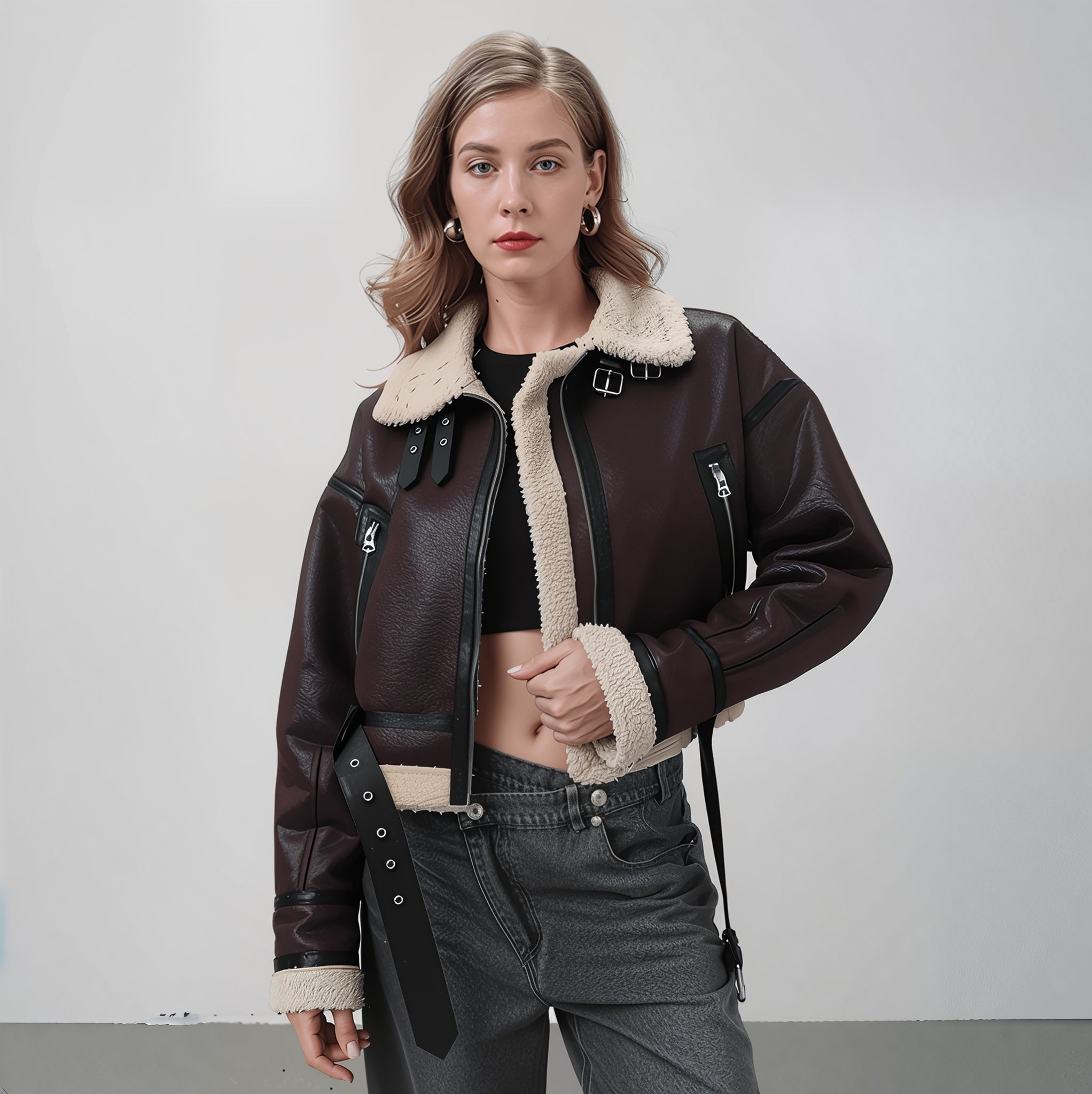 Women’s PU Shearling Moto Jacket – Short Belted Streetwear Biker Coat for Winter