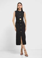 Elegant Black Office Midi Dress – Sleeveless Spring Belted Vintage Look