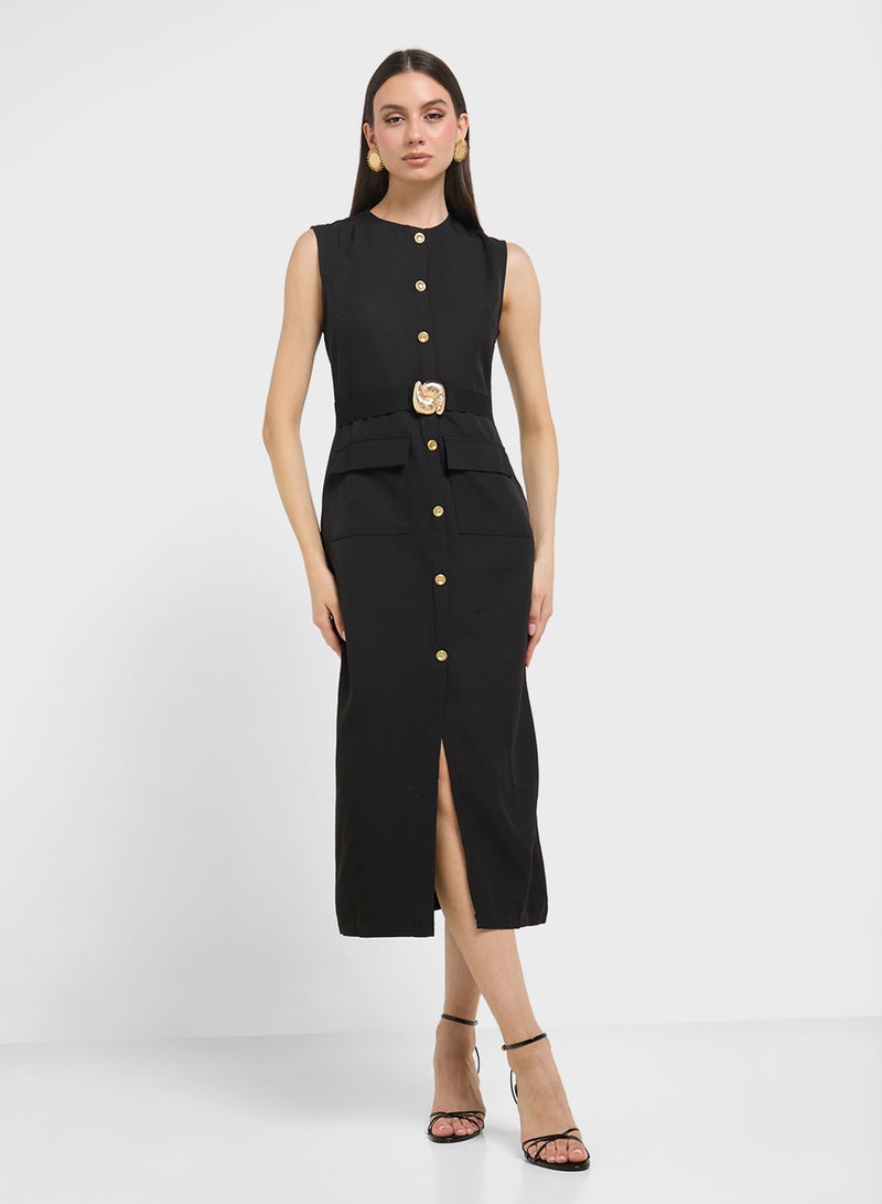 Elegant Black Office Midi Dress – Sleeveless Spring Belted Vintage Look
