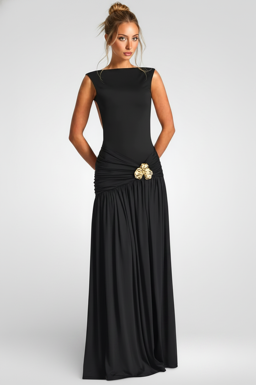 Metal Flower Backless Ruched Maxi Dress