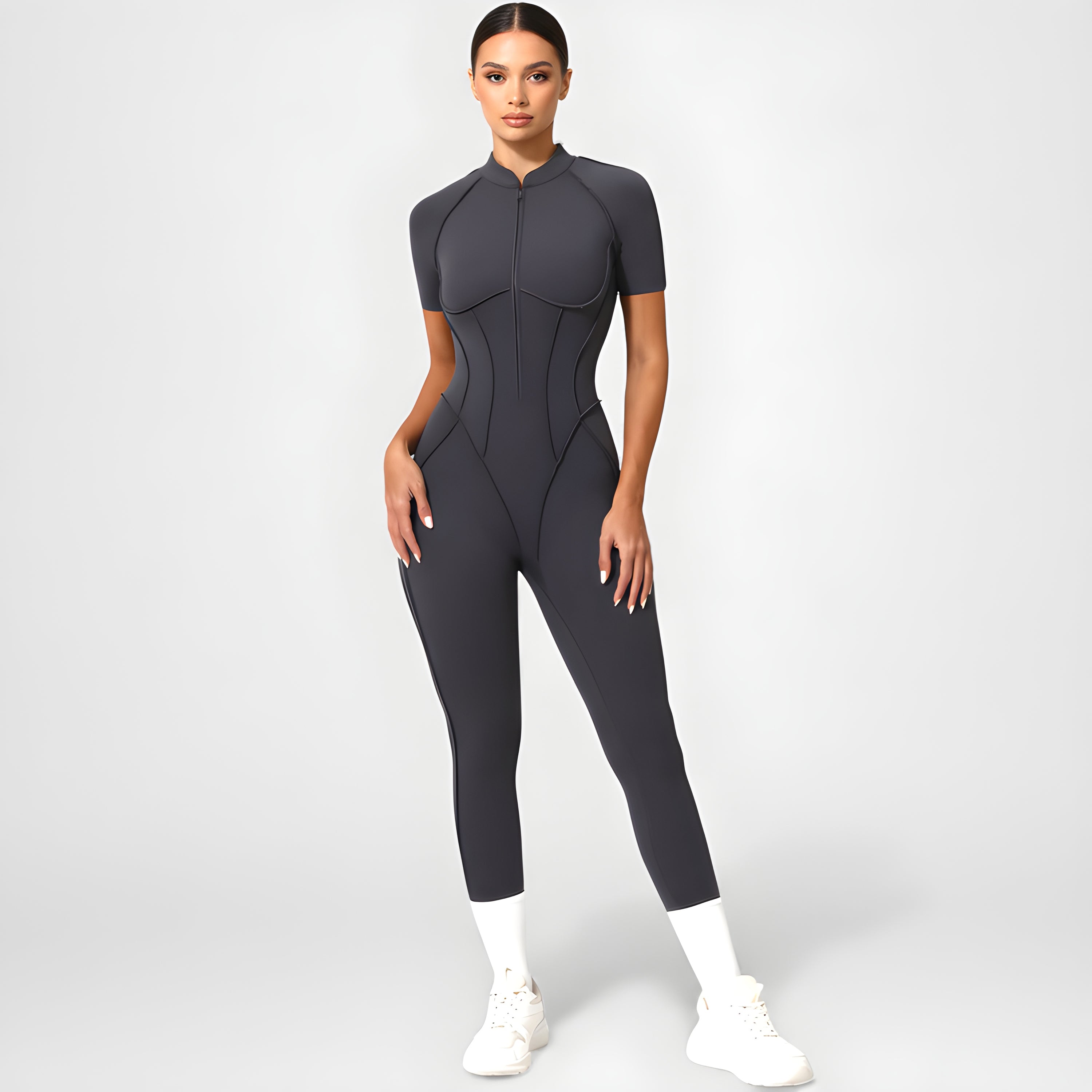 Backless Zip Yoga Jumpsuit -Gray