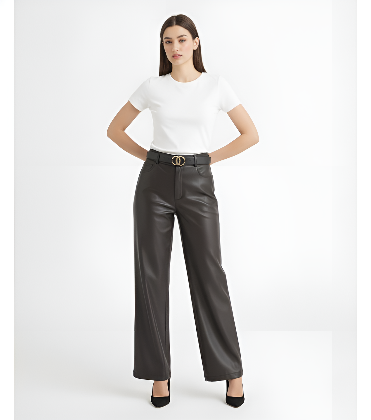 Wide-Leg Leather Pants -Brown