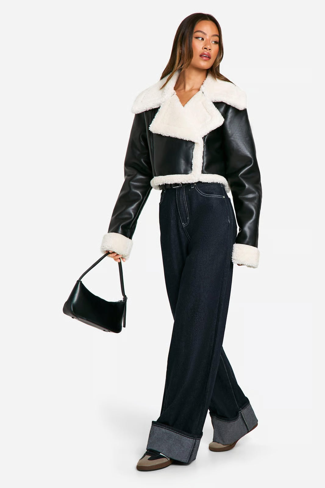 Zkrácená bunda z umělé kůže s podšívkou z ovčí kůže – Luxusní zimní střih