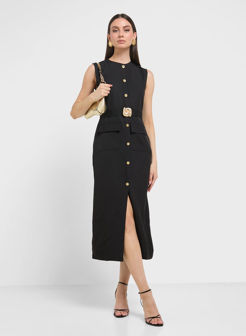 Elegant Black Office Midi Dress – Sleeveless Spring Belted Vintage Look