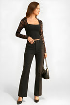 Sheer Floral Lace Crop Top with Square Neckline