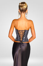 Dámský set z flitrovaného crop topu a saténové maxi sukně - černý