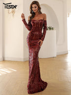 Off-Shoulder Sequin Maxi Dress