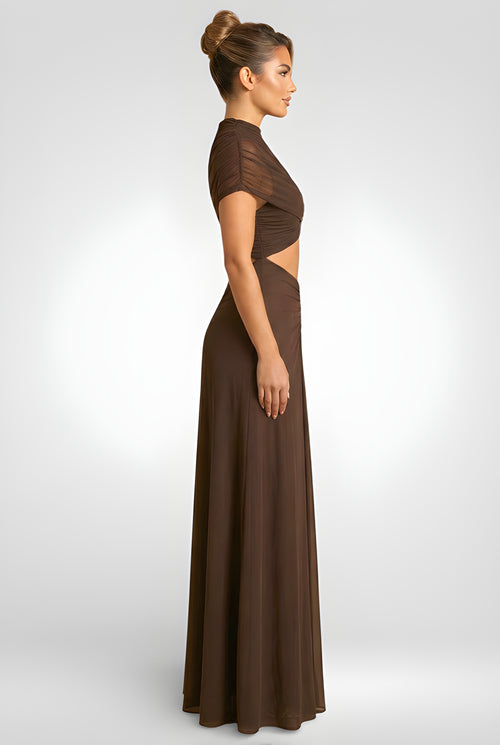 Coffee Mesh Cut-Out Maxi Dress