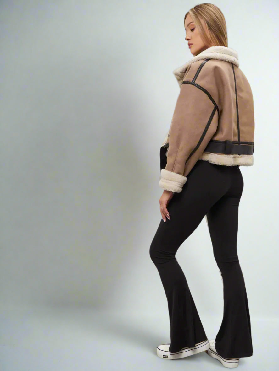 Dámská termo bomber bunda z ovčí kůže – silný vintage zimní kabát s šerpou a klopou 