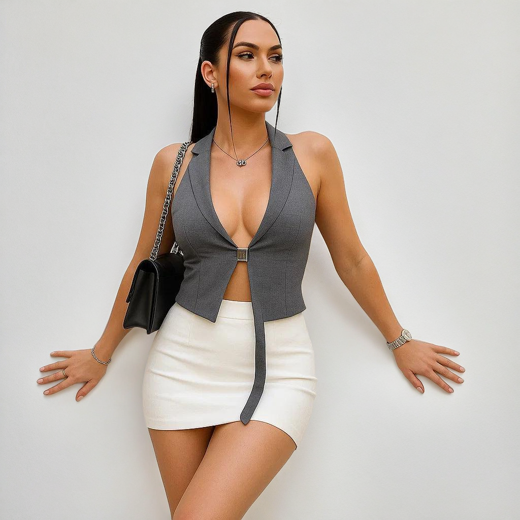 Tailored Halter Crop Top – Deep V with Belt Detail